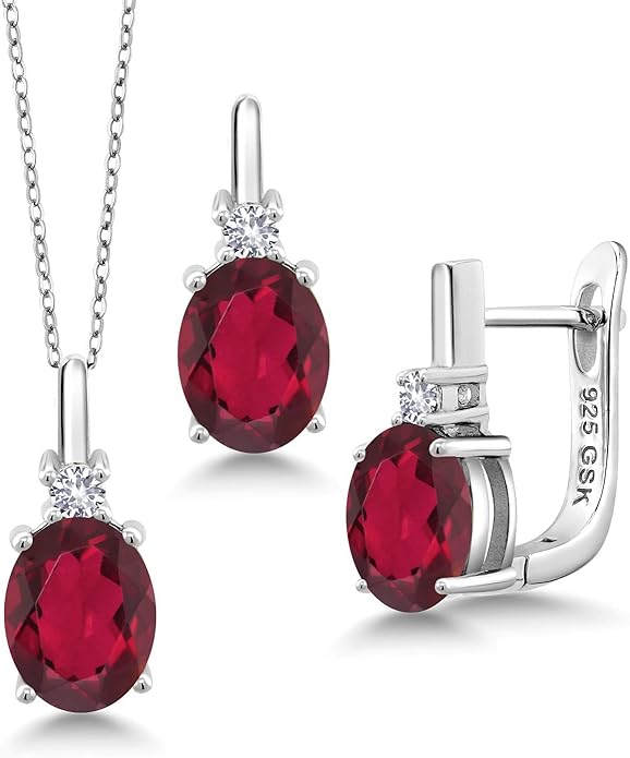 Gemstone Birthstone and White Created Sapphire Pendant and Earrings Jewelry Set for Women in 925 Sterling Silver | Oval 8X6MM and Round 2.5MM | With 18 Inch Chain | Fine Jewelry for Her Mom Women Wife