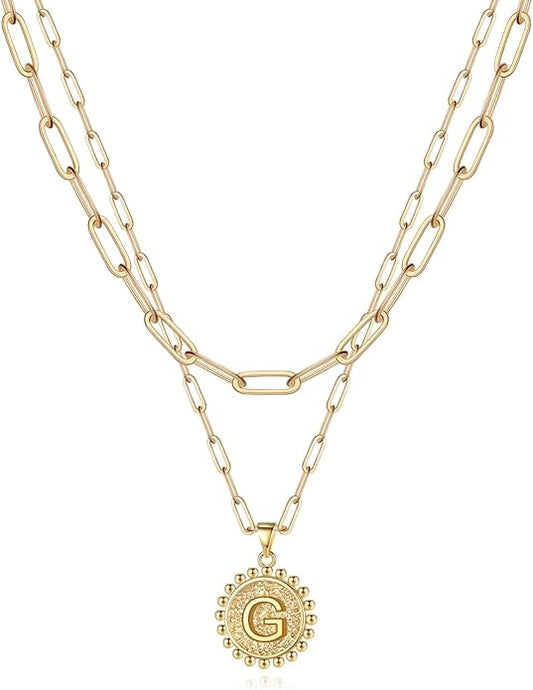 Yoosteel Gold Initial Necklaces for Women, 14K Gold Plated Dainty Layering Paperclip Link Chain Necklace Coin Initial Layered Necklaces for Women Personalized Birthday Gifts