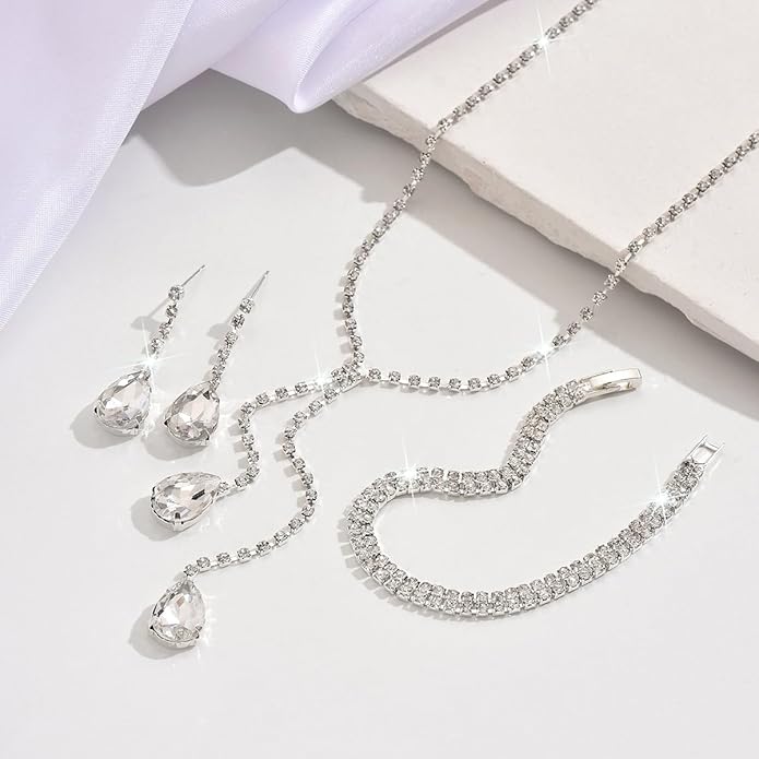 MIFYNN Rhinestone Wedding Set for Women Sparkle Crystal Earrings Necklace Bracelet Jewelry Set Wedding Party Prom Jewelry Set for Brides Bridesmaid