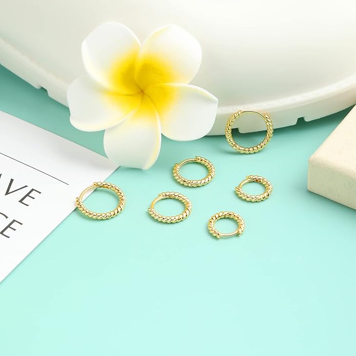 micuco 3 Pairs Small Hoop Earrings Set for Women, 14K Gold Plated Huggie Hoop Earrings for Men, Tiny Cartilage Hypoallergenic Earring Set