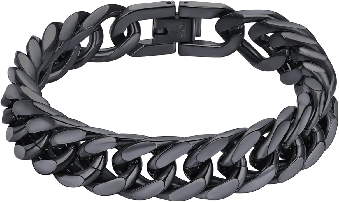 8/12/17mm Wide Cuban Link Bracelet for Men Father Gift 18K Gold/Black Plated Stainless Steel Bracelets 7.4-9 Inches(Gift Wrapped)