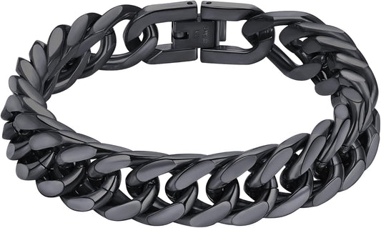 8/12/17mm Wide Cuban Link Bracelet for Men Father Gift 18K Gold/Black Plated Stainless Steel Bracelets 7.4-9 Inches(Gift Wrapped)