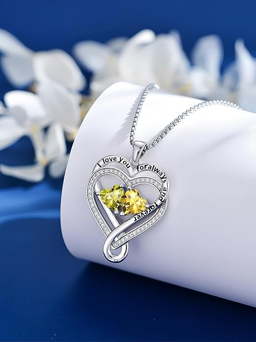 I Love You for Awlays and Forever Double Heart Necklace with Birthstone, 2 Birth Stone Jewelry Anniversary Valentines Mothers Day Christmas Birthday Gifts for Women Her Wife Girlfriend Mom Mother