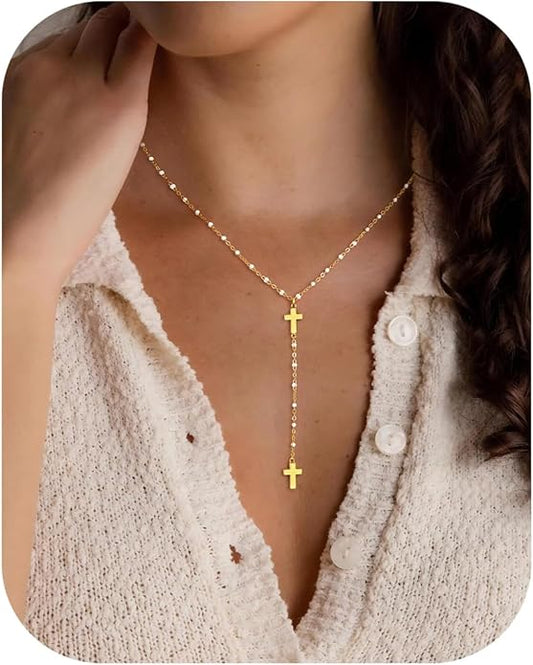 M MOOHAM Gold Lariat Necklace for Women - Dainty 14K Gold Plated Y-Shaped Long Drop Necklace Pearl Cross Clover Butterfly Cubic Zirconia Charm Layered Necklaces for Women Simple Jewelry Gifts