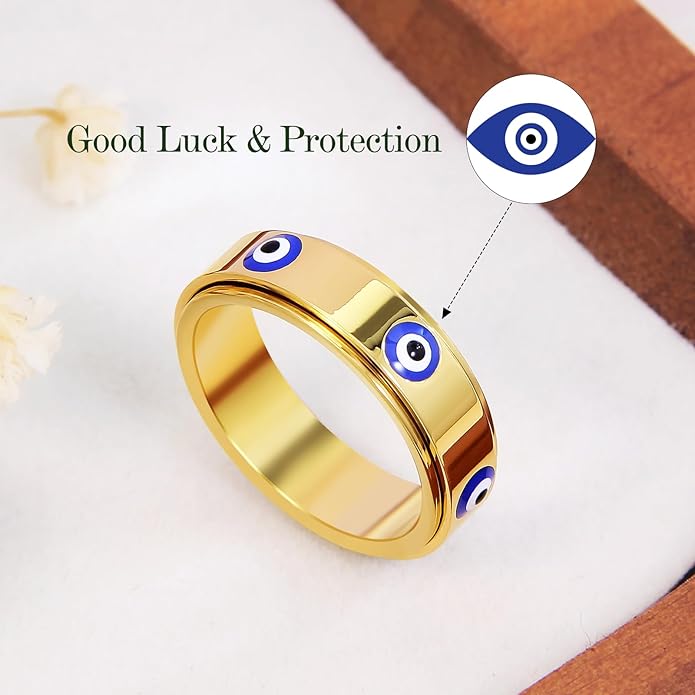 Evil Eye Fidget Ring for Women - 18K Gold Plated Stainless Steel Spinner Rings for Anxiety Relief, Ojo Turco Ring Luck Amulet, Turkish Faith Protection Stackable Jewelry Gift for Women Men
