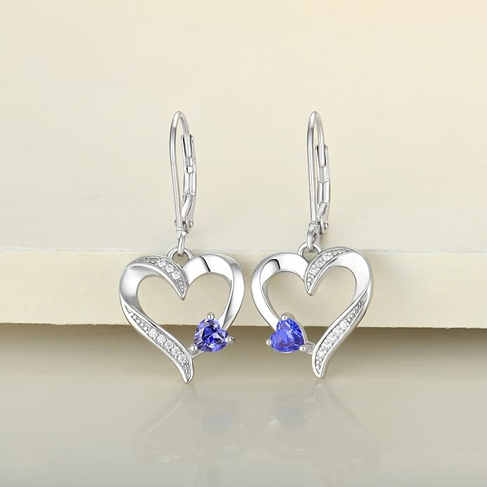 YL Heart Dangle Earrings 925 Sterling Silver Drop Earrings Birthstone Leverback Jewelry for Women