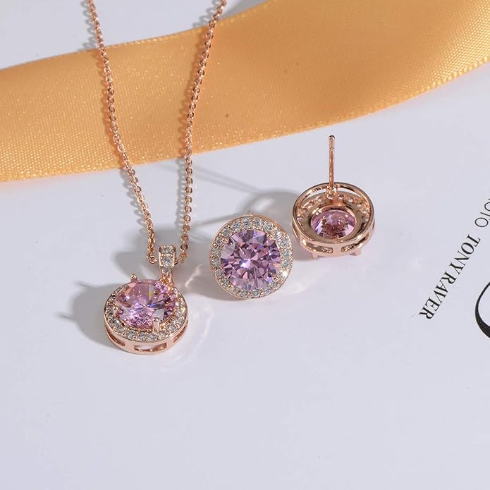 Bridal Crystal Jewelry Set - Sterling Silver Round Cubic Zirconia CZ Rhinestone Halo Birthstone Pendant Necklace Stud Earrings Set for Wedding Bride Bridesmaids Birthday Gift