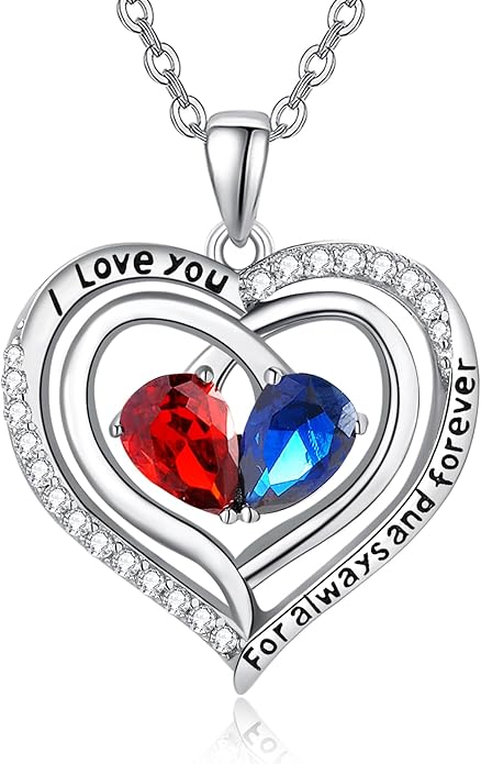Zeuslia Double Birthstone Necklace Gifts for Wife - 925 Sterling Silver Sunflower/Rose/Crown Cross/Compass/Heart Pendant I Love You Necklace, Anniversary Birthday Gifts for Wife Girlfriend Mom Her