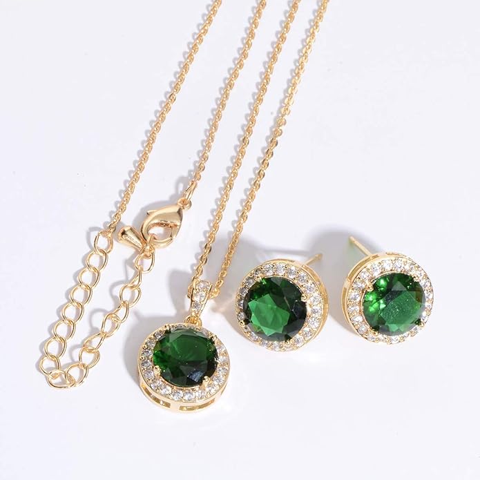 Bridal Crystal Jewelry Set - Sterling Silver Round Cubic Zirconia CZ Rhinestone Halo Birthstone Pendant Necklace Stud Earrings Set for Wedding Bride Bridesmaids Birthday Gift