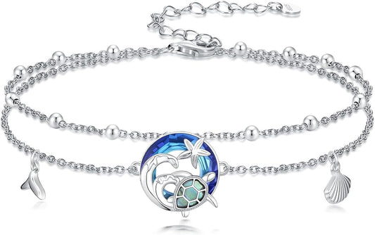 Sea Turtle/Dolphin/Starfish/Seashell/Compass Bracelet for Women 925 Sterling Silver Ocean Wave Anklet Summer Hawaiian Jewelry Gift for Her