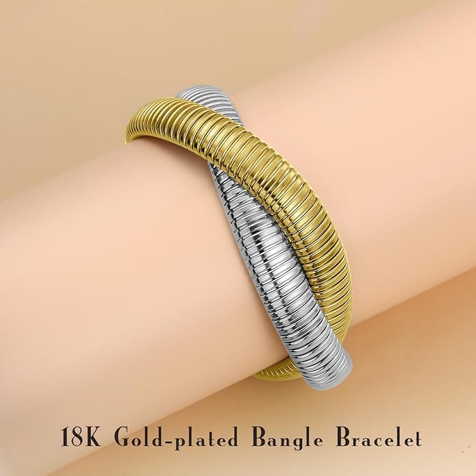 Emibele Gold Bangles Bracelet Set for Women, 18K Gold Plated Chunky Stainless Steel Non Tarnish Stretch Bracelet Stack, Flexible Wide Wristband Bangle Layered Snake Chain Bracelets