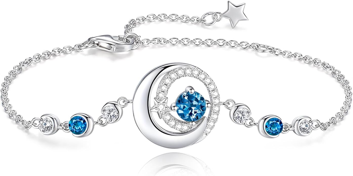 FANCIME Birthstone Bracelets 925 Sterling Silver Moon and Star Bangle Charm Bracelet Fine Jewelry Birthday Anniversary Christmas Day Gift for Her Women, Adjustable Chain 6.7"+1.2" Extend
