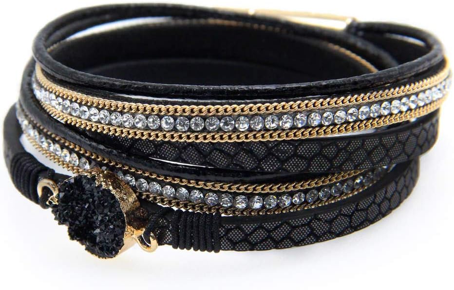 Fesciory Leather Wrap Bracelets for Women, Boho Leopard Multi-Layer Crystal Beads Cuff Bracelet Jewelry