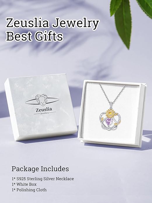 Zeuslia Double Birthstone Necklace Gifts for Wife - 925 Sterling Silver Sunflower/Rose/Crown Cross/Compass/Heart Pendant I Love You Necklace, Anniversary Birthday Gifts for Wife Girlfriend Mom Her