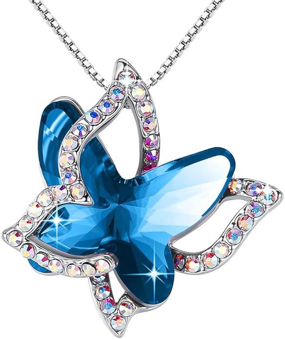 GEMMANCE Valentine's Day Gift Butterfly Birthstone Crystal Necklace, Silver Tone with 18”+2” Chain, Necklace for Mother’s Day Anniversary Birthday Gifts for Women and Daughter