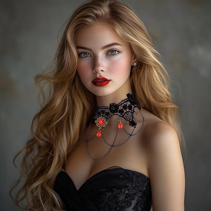 Gothic Black Choker Necklace Lace Collar Necklace Red Crystal Necklace Halloween Necklaces for Women