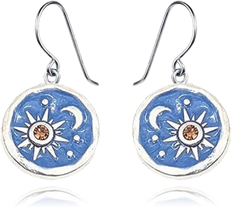 MALOYANVE Vintage Sun and Moon Drop Dangle Earrings for Women Unique lightweight Handmade Retro Boho Antiqued Gold Silver Round Coin Earrings for Women Jewelry