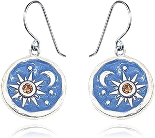MALOYANVE Vintage Sun and Moon Drop Dangle Earrings for Women Unique lightweight Handmade Retro Boho Antiqued Gold Silver Round Coin Earrings for Women Jewelry