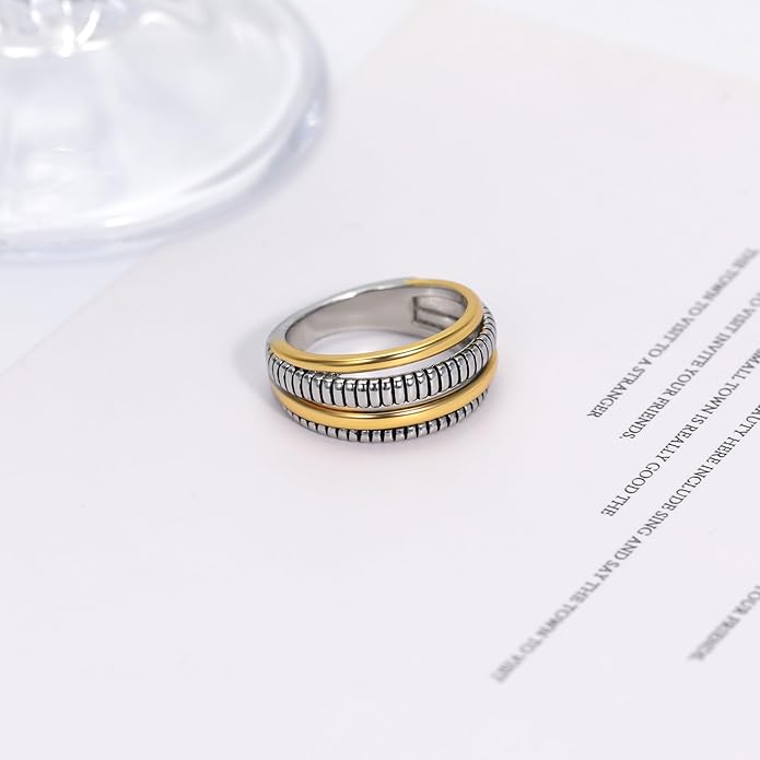 Two-Tone Wide Statement Ring for Women - Gold Silver Crossover Band with Ribbed Texture - Modern Fashion Jewelry Cocktail Ring - Mixed Metal Layered Design