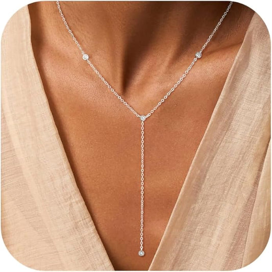 Lariat Necklace for Women, Dainty Long Necklaces, 14k Gold/Silver Plated Y-Shaped Drop Chain Necklace, Simple Layered Necklaces, Trendy Jewelry Gifts for Her