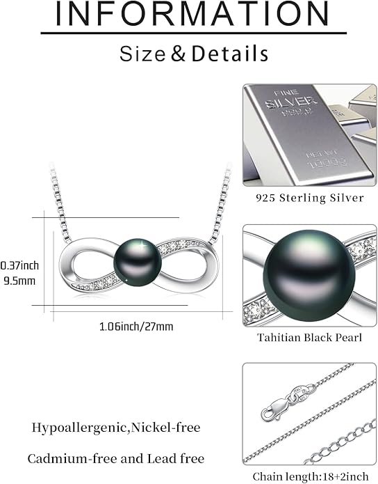 Tahitian Black Pearl Necklace Infinity Gifts for Women Wife Wedding Birthday Anniversary Jewelry Valentines Christmas Day Gifts 925 Sterling Silver