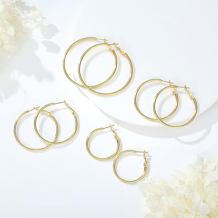 4 Pairs Silver Gold Hoop Earrings for Women | 14K Gold Plated Hoop Earrings Set Hypoallergenic Earring Lightweight Dangle Earrings Set
