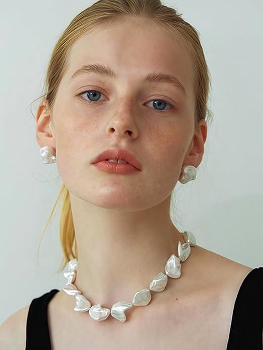 Chunky Statement Stone Beaded Necklace, Big Baroque Pearl Gold Choker, Trendy Boho Colorful Stone Jewelry