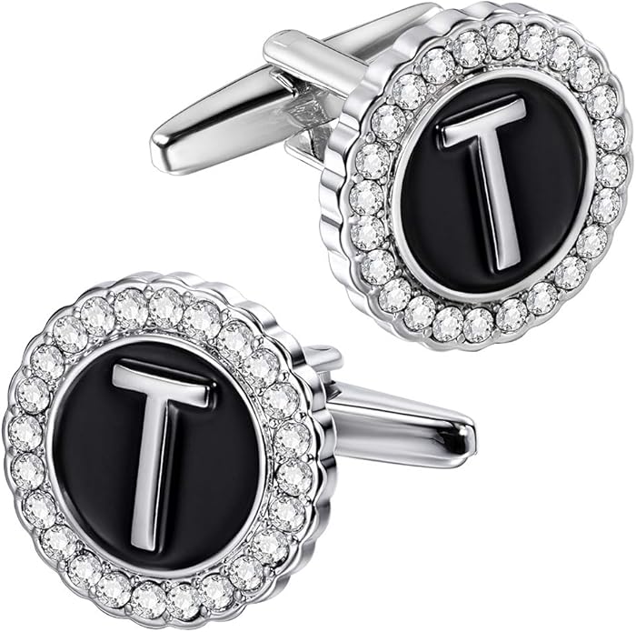 HAWSON A-Z Initial Cufflinks for Men and Women with Clear Crystal, Gold Silver Color Rasied Letter A-Z Cuff Links for French Shirt, Gift for Normal and Business Wearing