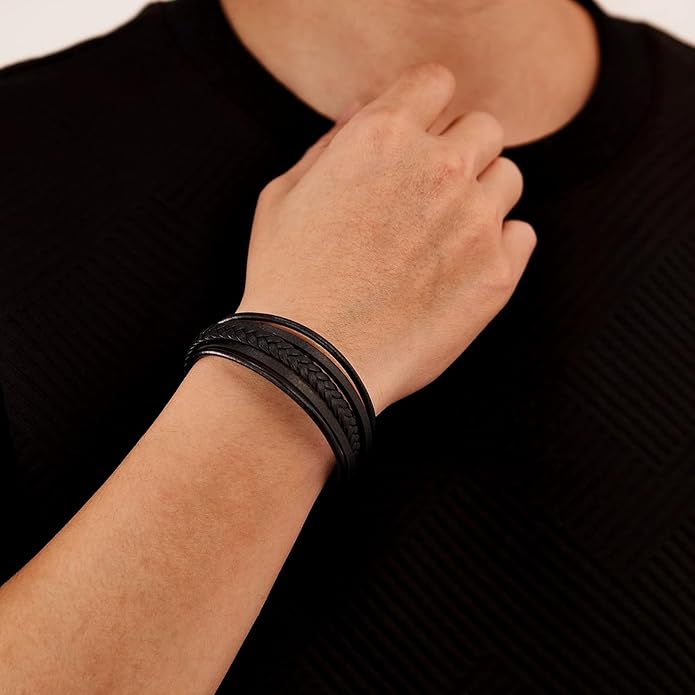 Italian Handmade Genuine Leather Bracelets for Men Stainless Steel Clip, Men's Casual Genuine Multi-layer Cuff Bracelet, Bracelet Gift for Real Men