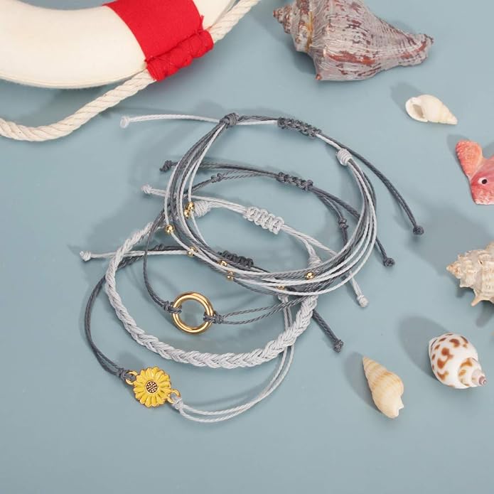 FANCY SHINY Sunflower String Bracelet Boho Braided Rope Wrap Bracelets Cute Summer Beach Surfer Jewelry for Women