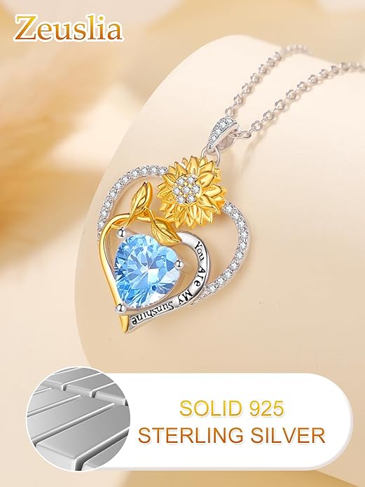 Zeuslia Double Birthstone Necklace Gifts for Wife - 925 Sterling Silver Sunflower/Rose/Crown Cross/Compass/Heart Pendant I Love You Necklace, Anniversary Birthday Gifts for Wife Girlfriend Mom Her