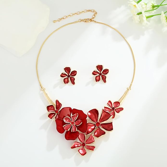 Chunky Statement Jewelry Set Vintage Retro Leaf Flower Floral Geometric Bohemian Boho Bib Necklace Earring Set Fashion Costume Jewelry for Women Girls Wedding Party Prom Unique Gift