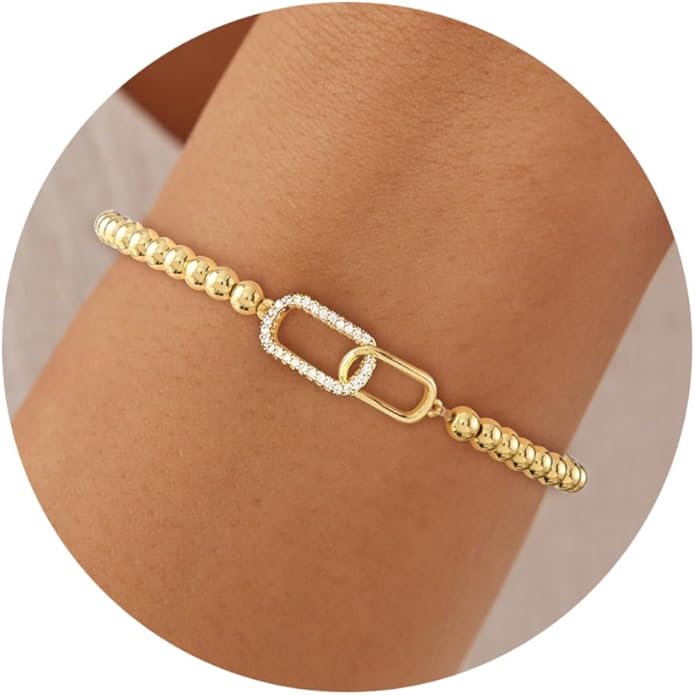 Beaded Bracelet for Women Trendy Stretch Handmade Ball Charm Bracelet Dainty Cross Heart Bow Wave CZ Stackable Jewelry Charm Gifts for Her