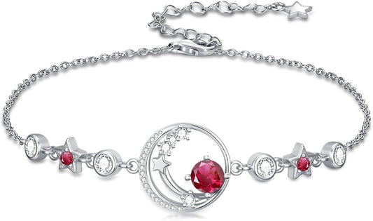 Moon and Star Birthstone Charm Link Bracelet 925 Sterling Silver Moon and Star Bracelet with 12 Months Birthstone Birthday Jewelry Gifts for Women Mom Her,Chain Length 7"+2" Extend