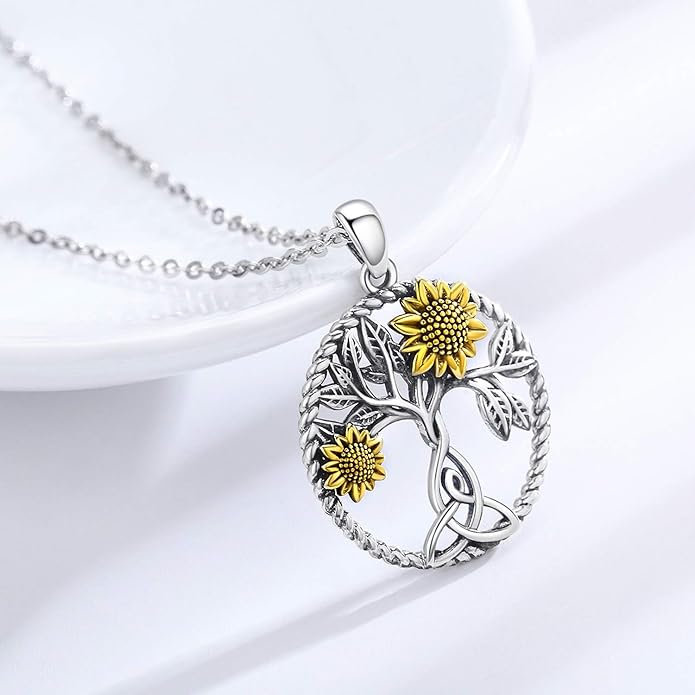 CHENGHONG Sunflower Necklace 925 Sterling Silver Tree of Life Necklace Daisy/Rose/Sunflower Pendant Necklace Sunflower Jewelry Gifts for Women Mom
