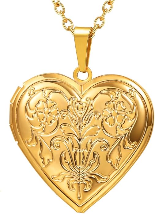 U7 Women Locket Necklace Platinum 14K Gold Photo Lockets that Hold Picture,Chain 20 Inch Personalized Gift Custom Love Heart Image Necklaces