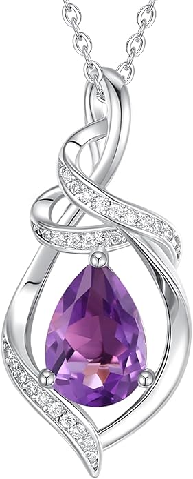 FANCIME Teardrop Gemstone Necklace for Women S925 Sterling Silver Elegant Ribbon Pendent Birthday Gifts for Her, 16"+2" Inches
