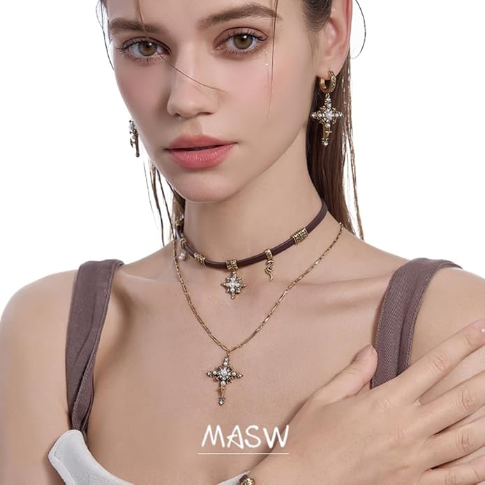 Retro stylish Star Cross Pendant Necklace Faux Leather Women's Collar Personalized Double Layer Necklace M2592