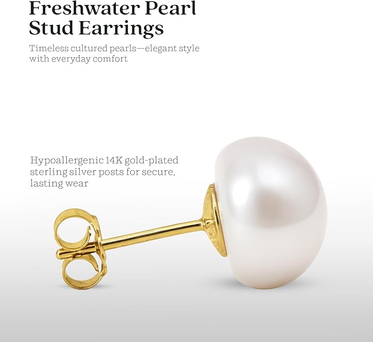 KEZEF Freshwater Pearl Stud Earrings for Women – AAA Quality Cultured Pearls on 925 Sterling Silver Post Rhodium or 14K Gold Plated, Sizes 6‑11 mm