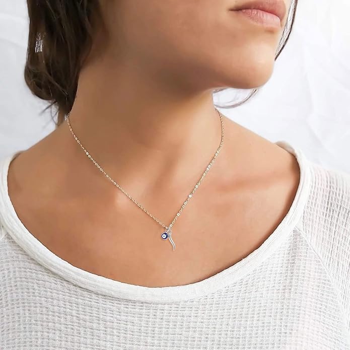 Dainty Blue Evil Eye Charm Horn Pendant Necklace for Women's Spiritual Protection Jewelry 14K Gold Plated