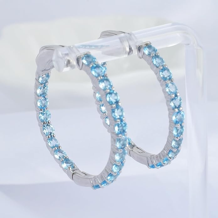 Hoop Earrings with 40 Colored Gemstones, Birthstone Earrings, 925 Sterling Silver Rhodium Plated, Push Back Closure, 1.18'