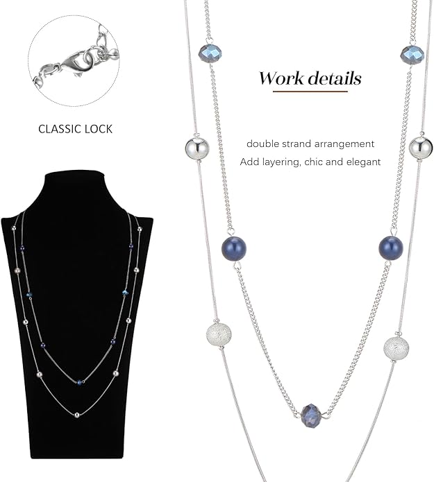 Silver Layered Long Necklace for Women Pearl Crystal Sweater Strand Chain Necklaces Fashion Gifts
