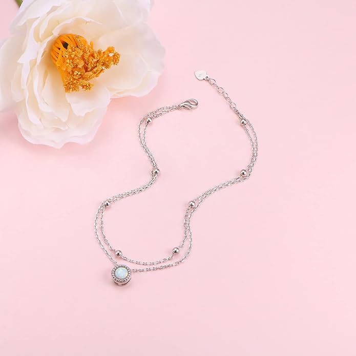 Anklets for Women 925 Sterling Silver Charm Layered Simulated Opal/Moonstone/Daisy/Infinity Summer Beach Ankle Bracelet Foot Chain Jewelry Birthday Valentine's Day Mother's Day Gift
