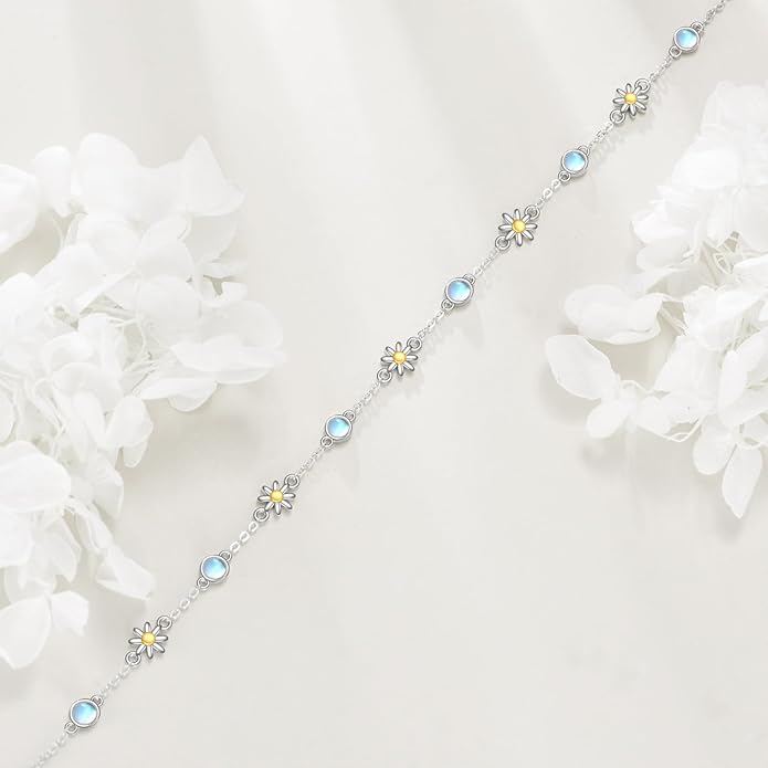 CRMAD 925 Sterling Silver Daisy/Sunflower Moonstone Anklet Daisy Flower Ankle Bracelet for Women Beach Dainty Jewelry