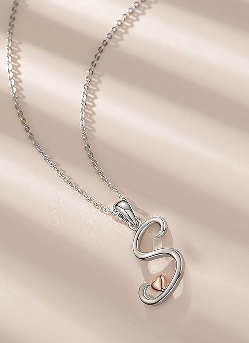 CELESTIA 925 Sterling Silver Initial Necklaces 26 Letter with Rose Gold Heart - 18 Inch Chain