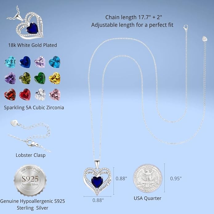 Birthstone Heart Necklace for Women Wife Girlfriend Mom Daughter Gifts S925 Silver Jewelry For Anniversary Rose Gold Gifts For Birthday Christmas Mothers Valentines Day