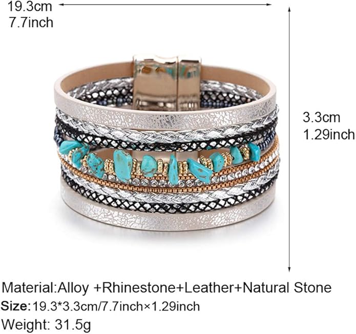 Fesciory Leather Wrap Bracelets for Women, Boho Leopard Multi-Layer Crystal Beads Cuff Bracelet Jewelry