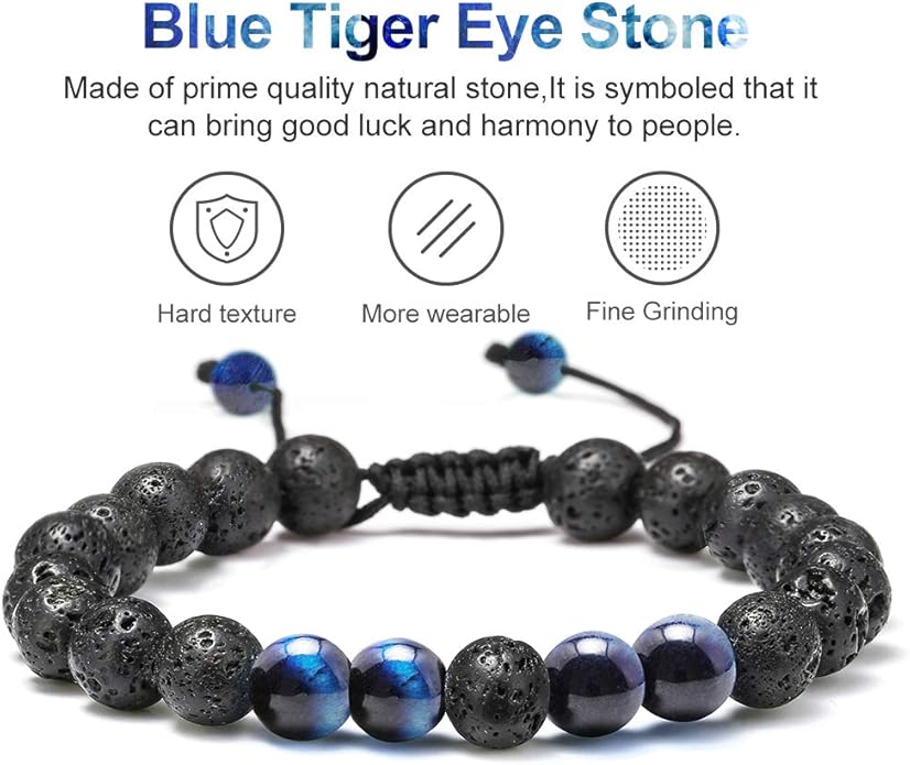 M MOOHAM Natural Stone Bracelets for Men - 8mm Tiger Eye, Matte Agate, Lava Rock - Teen Boys Gifts for Birthday, Anniversary, Christmas