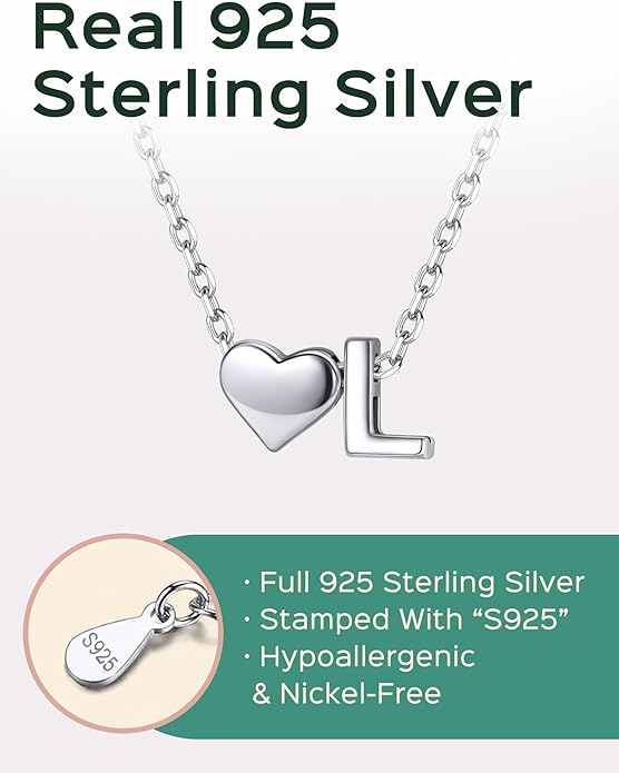 ChicSilver 925 Sterling Silver Heart Initial Necklaces for Women -Dainty Personalized Heart Pendant Letter Alphabet Necklace for Women
