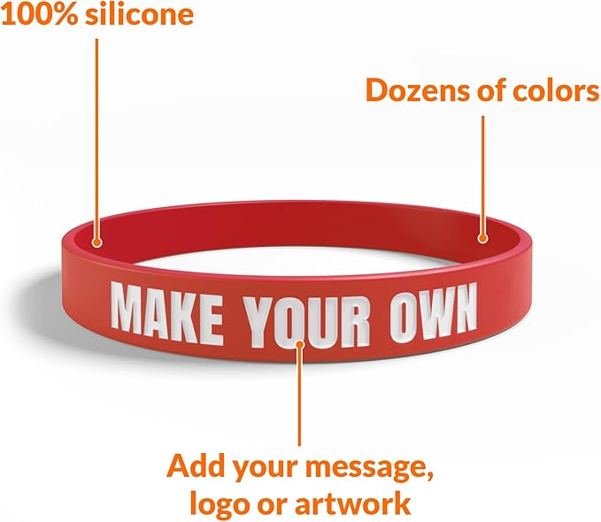 Custom Wristbands For Events, Fundraisers & Promotions | Add Text, Icons, & Logos | Bulk Rubber Bracelets | Classic 1/2” | 100% Silicone